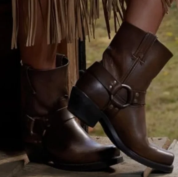 Frye Brown Leather Harness Moto Boots - Picture 7 of 8